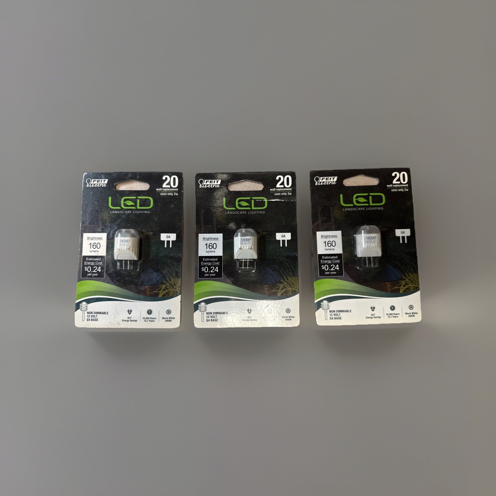 Lot of 3 Feit G4 LED 12V Landscape Bulbs 2W = 20W 160 Lumens Low Voltage