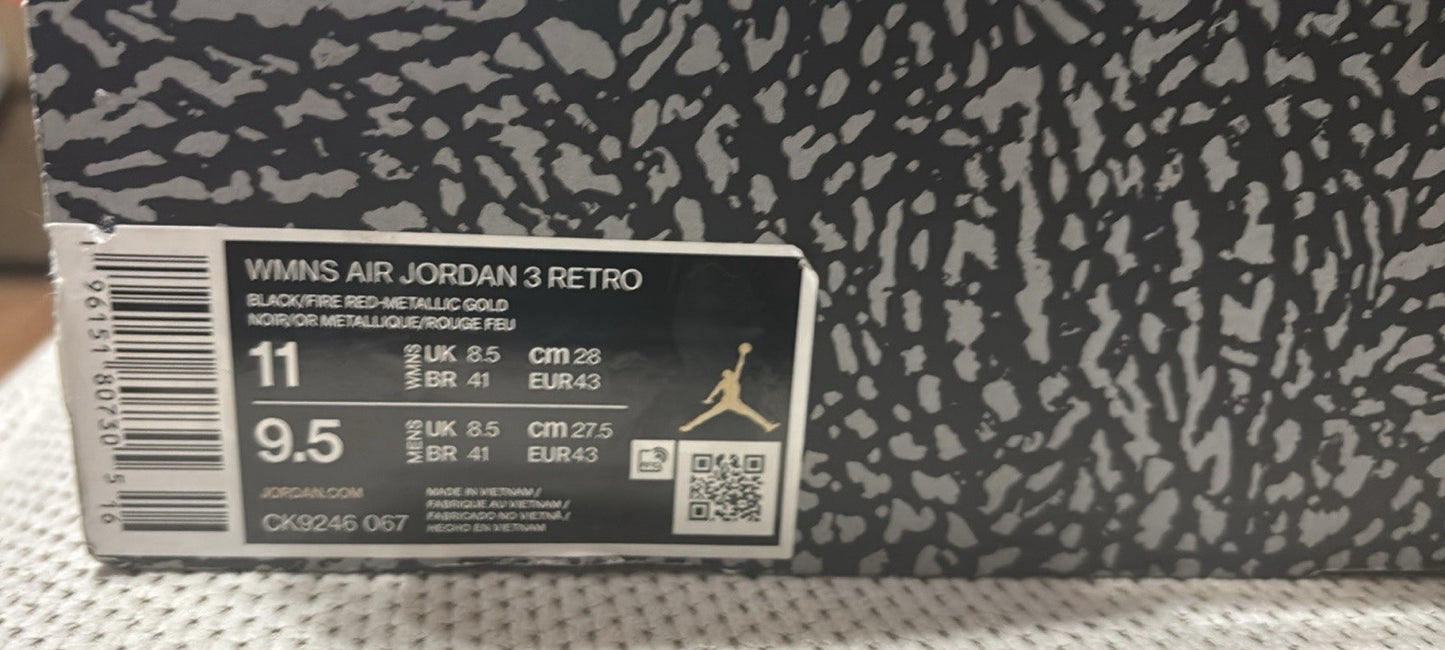 New -Nike WMNS Air Jordan 3 Retro Black Gold Sneakers CK9246-067 Women's 11