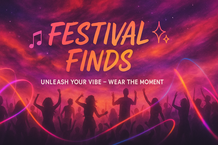 Festival Finds collection banner – apparel, gear, accessories, colorful festival vibes 25% off”