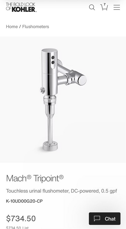 Kohler 10UD00G20-CP Mach Tripoint DC 0.5 GPF Urinal Flushometer, Polished Chrome
