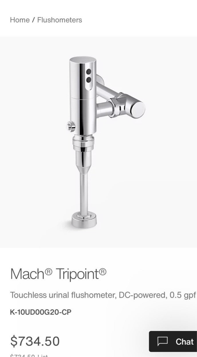 Kohler 10UD00G20-CP Mach Tripoint DC 0.5 GPF Urinal Flushometer, Polished Chrome