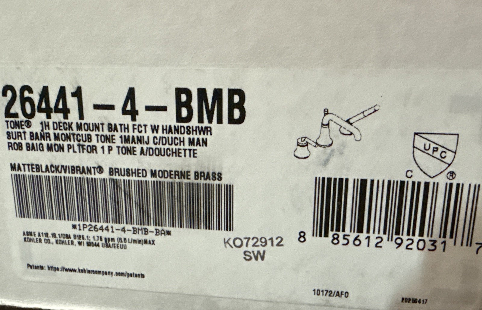 Kohler Tone Deck Mount Roman Bathtub Faucet Black Brass K-26441-4-BMB
