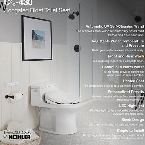 Kohler C3-430 Nightlight Heated Elongated Bidet Toilet Seat - White...