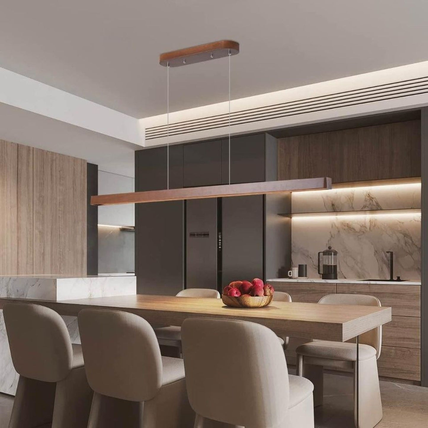 🪵 LED Wooden Linear Pendant Island Table Light – Natural Warmth Meets Modern El