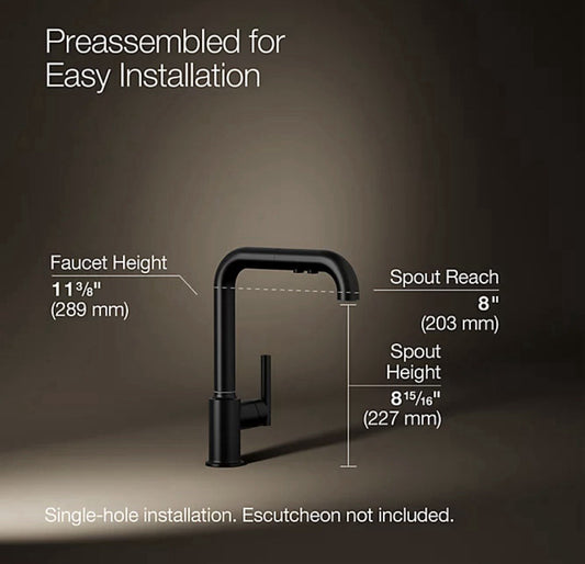 Kohler Purist Single-Hole Kitchen Sink Faucet - Matte Black (K-7505-BL)