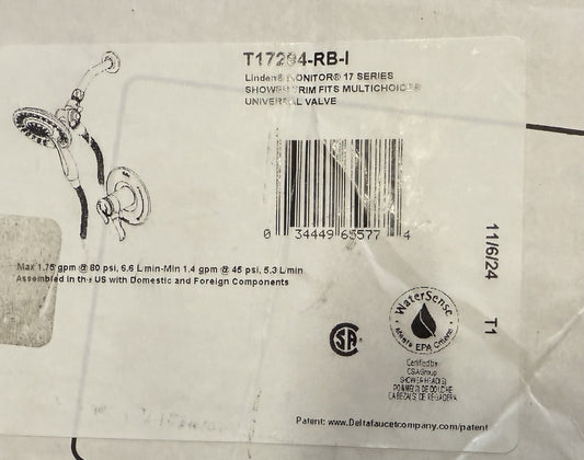 Delta T17294‑RB‑I Linden Monitor 17 Trim – In2ition Head  Hoses, Venetian Bronze
