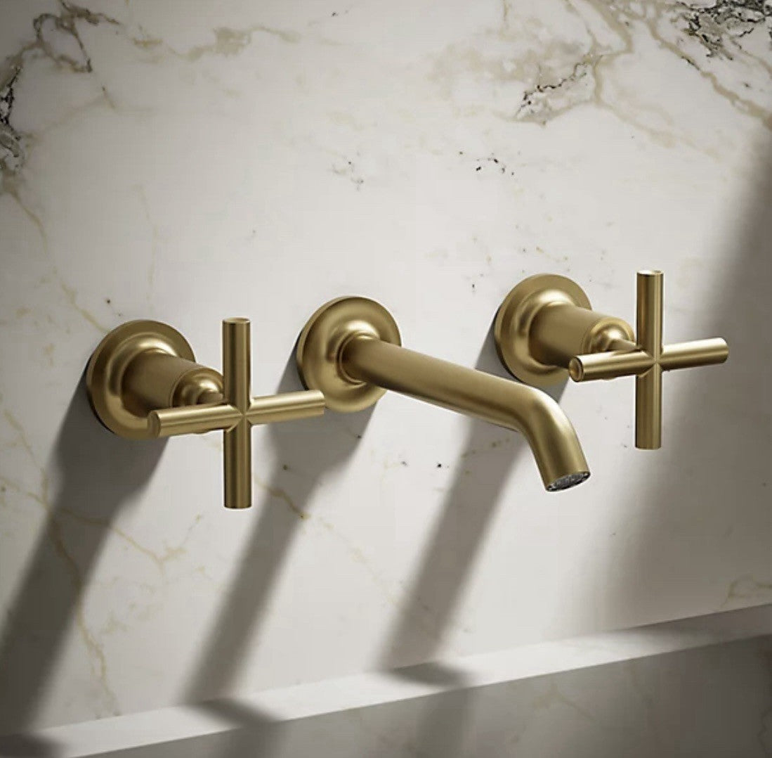 Kohler T14413-3-2MB Purist Wall Mounted Widespread Bathroom Faucet Moderne Brass