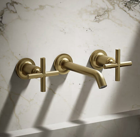 Kohler T14413-3-2MB Purist Wall Mounted Widespread Bathroom Faucet Moderne Brass