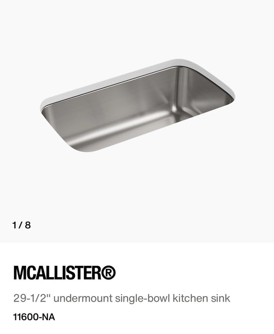 KOHLER Sterling McAllister 11600‑NA – 29½″×18½″ Undermount Single‑Bowl Stainless