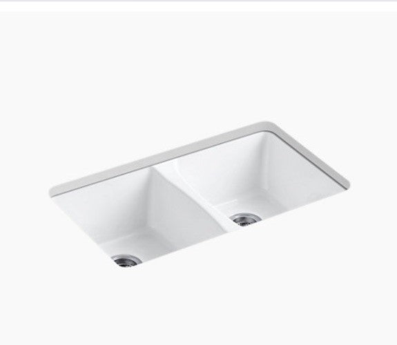 KOHLER K-5873-5U-0 White 33" Undermount Double Bowl Cast Iron Kitchen Sink
