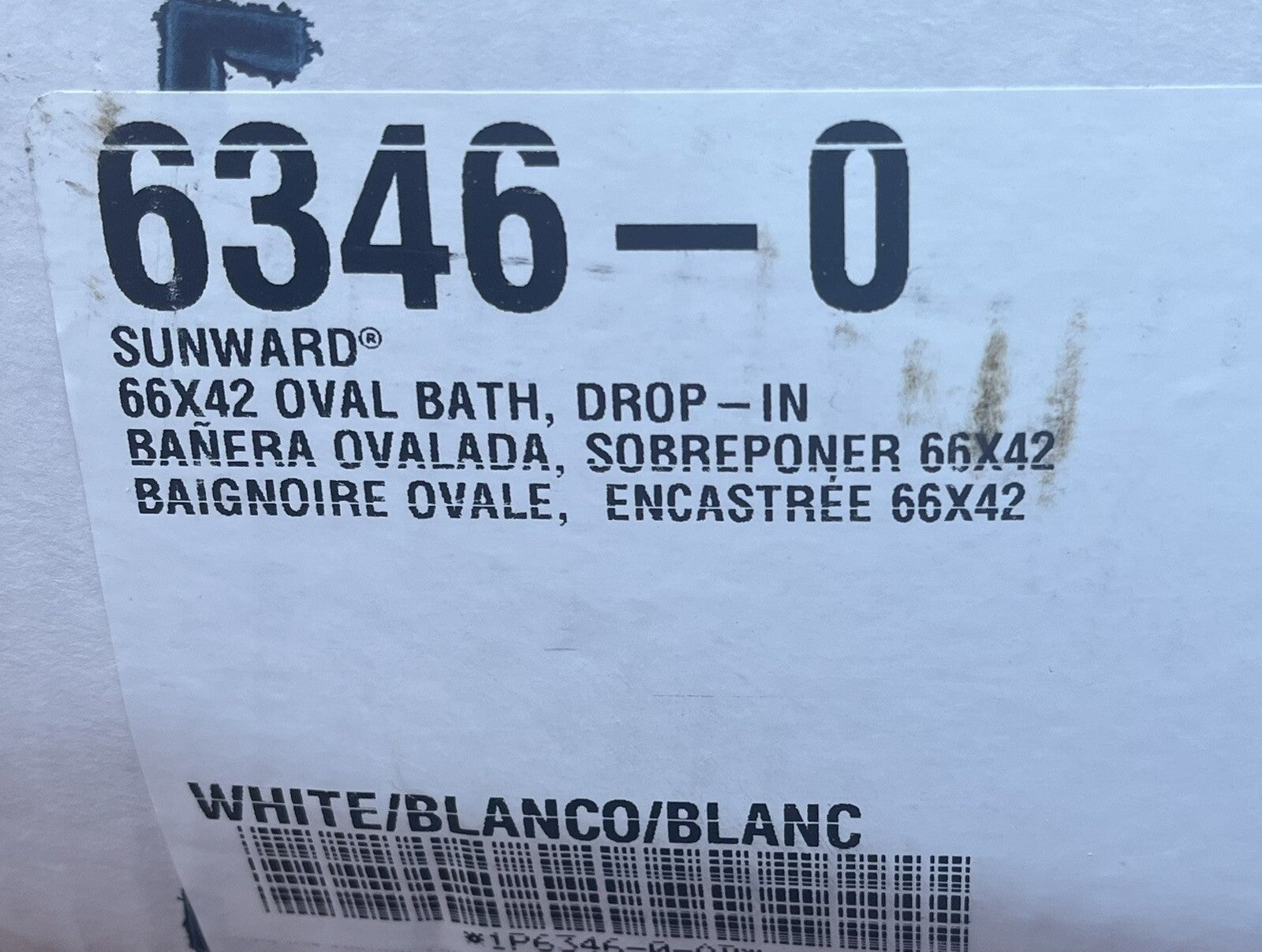 KOHLER K-6346-0 SUNWARD 66X42 OVAL BATH- DROP-IN
