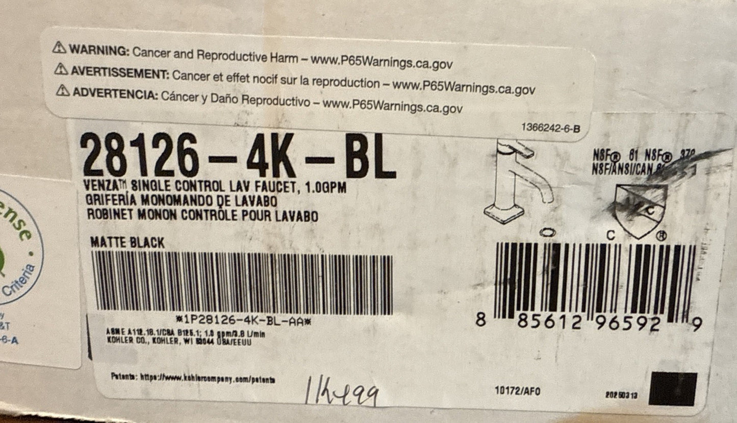 Kohler 28126-4K-BL Venza Single Handle 1.0 GPM Bathroom Faucet - Matte Black