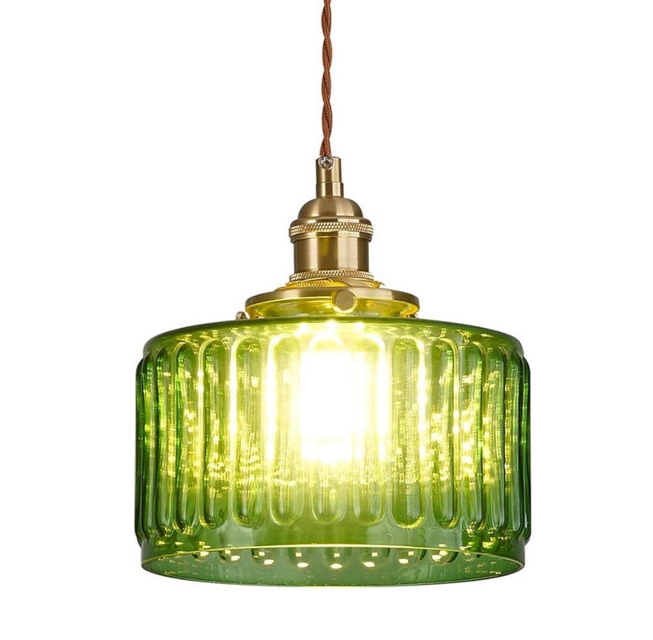 Qufute Green Ribbed Glass Plug-In Pendant Light – Gold Socket & Cord | Modern Ha