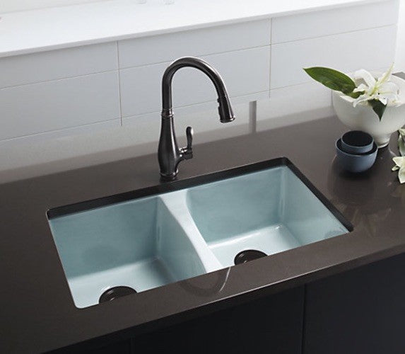 KOHLER K-5873-5U-0 White 33" Undermount Double Bowl Cast Iron Kitchen Sink