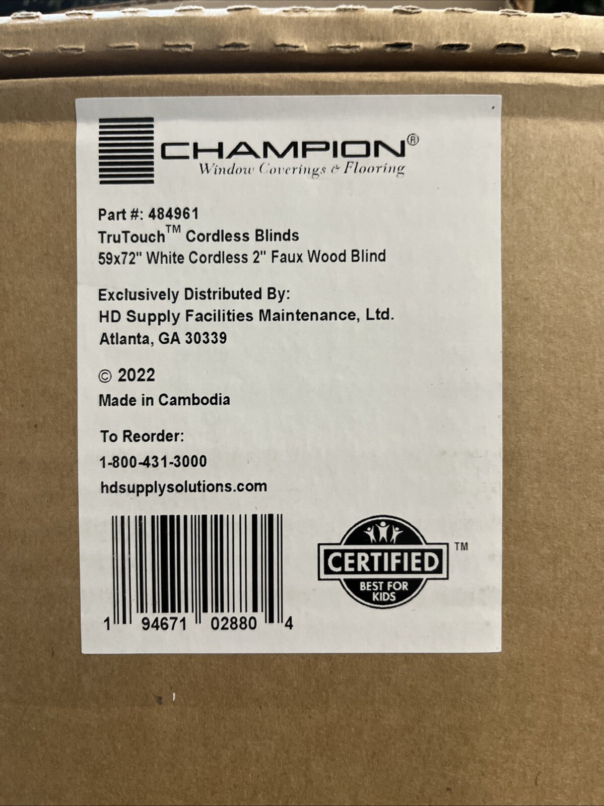 Champion Blinds 484961 Tru Touch Cordless   59x72 White  2” Faux Wood Blinds