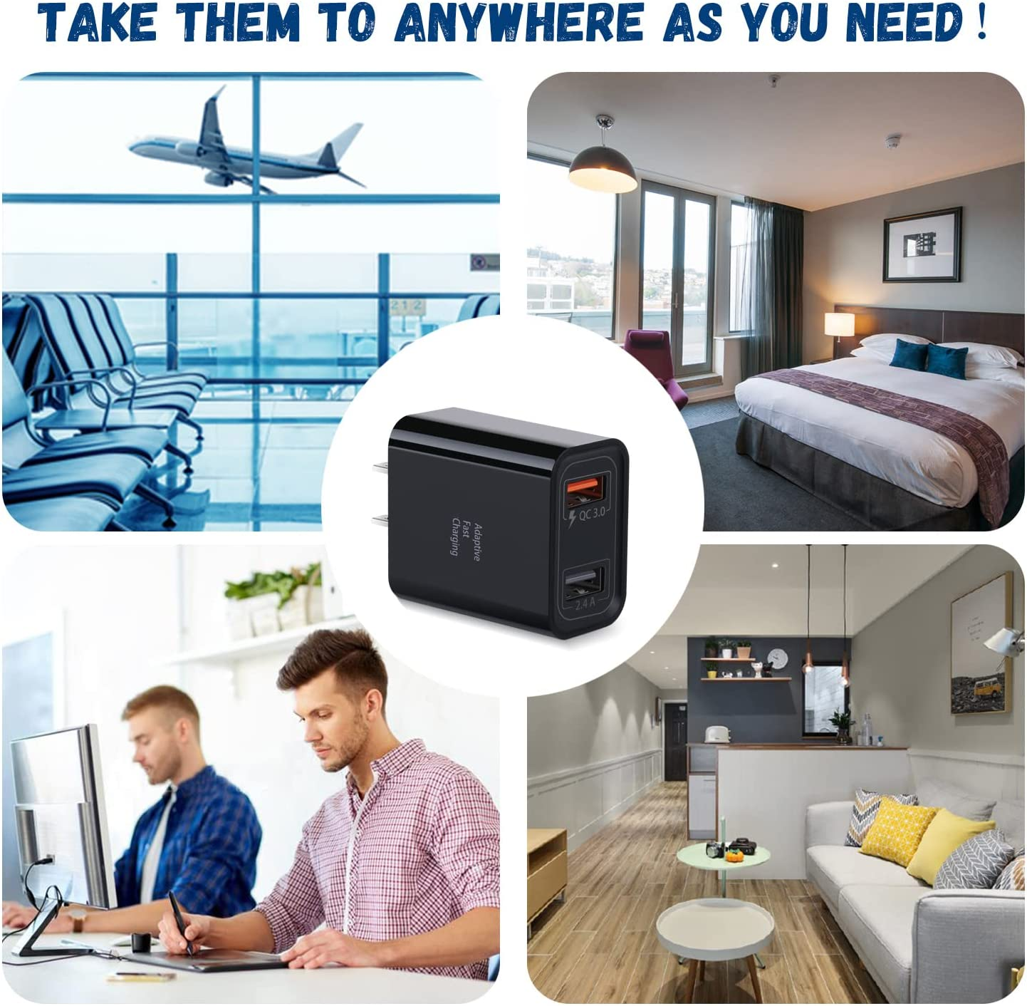 Quick Fast Charge 3.0 USB Wall Charger,  5 Pack 30W Dual USB Power Adapter (Fast