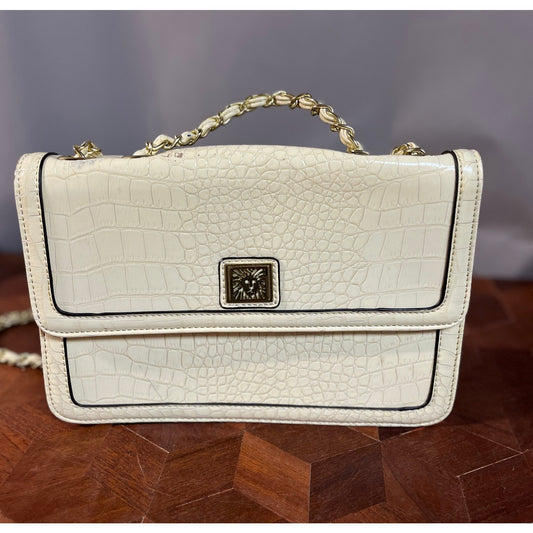Anne Klein Cream Croc-Embossed Crossbody Purse w/ Gold Chain Strap