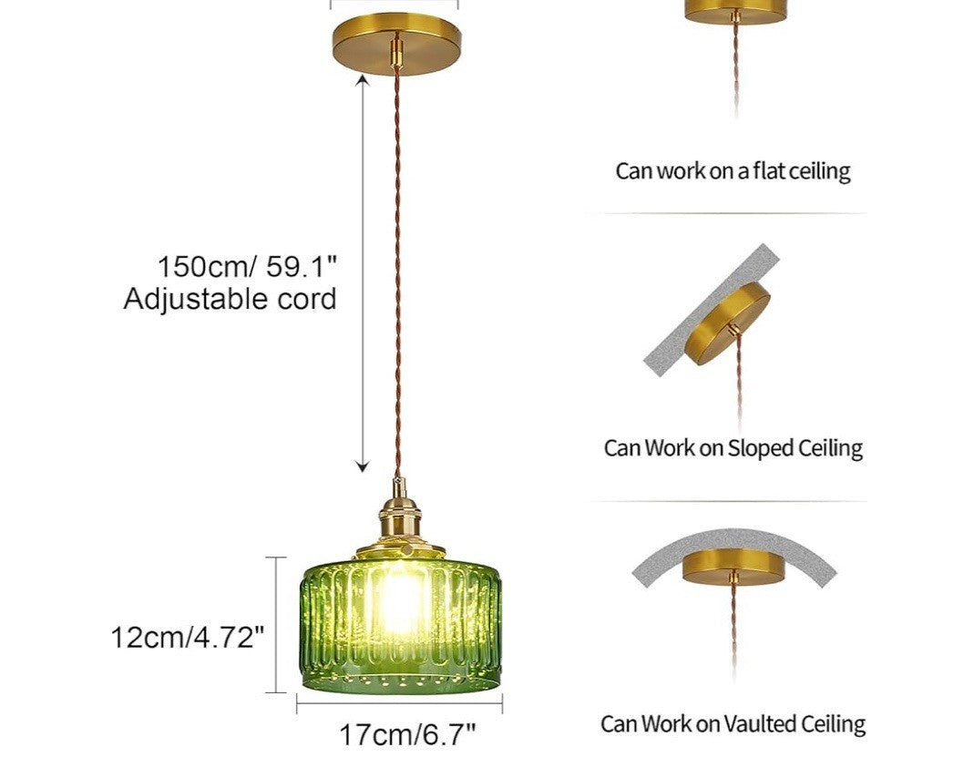 Qufute Green Ribbed Glass Plug-In Pendant Light – Gold Socket & Cord | Modern Ha