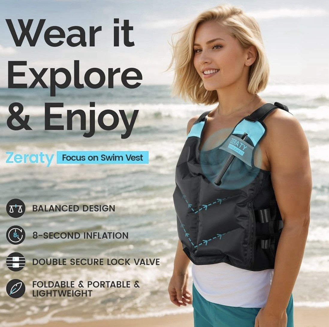 Zetary Inflatable Snorkel Vest - Portable Snorkel Jacket for Adults size M/L