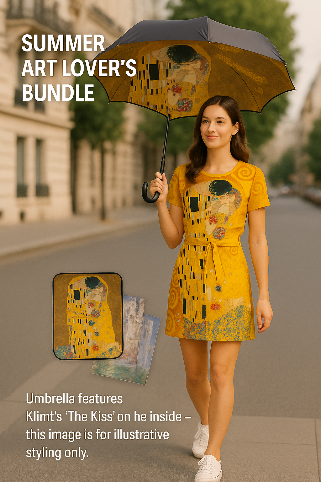 Model wearing yellow Gustav Klimt "The Kiss" dress holding matching umbrella – art-inspired summer bundle with poster