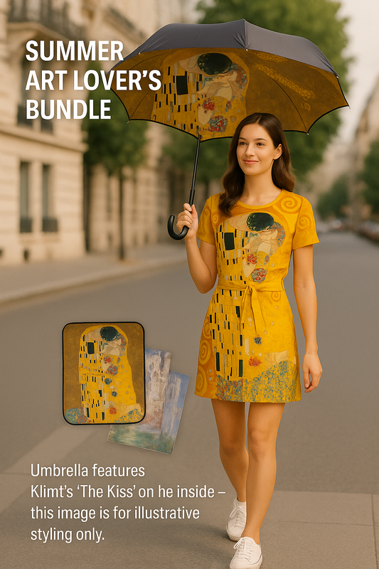 Model wearing yellow Gustav Klimt "The Kiss" dress holding matching umbrella – art-inspired summer bundle with poster