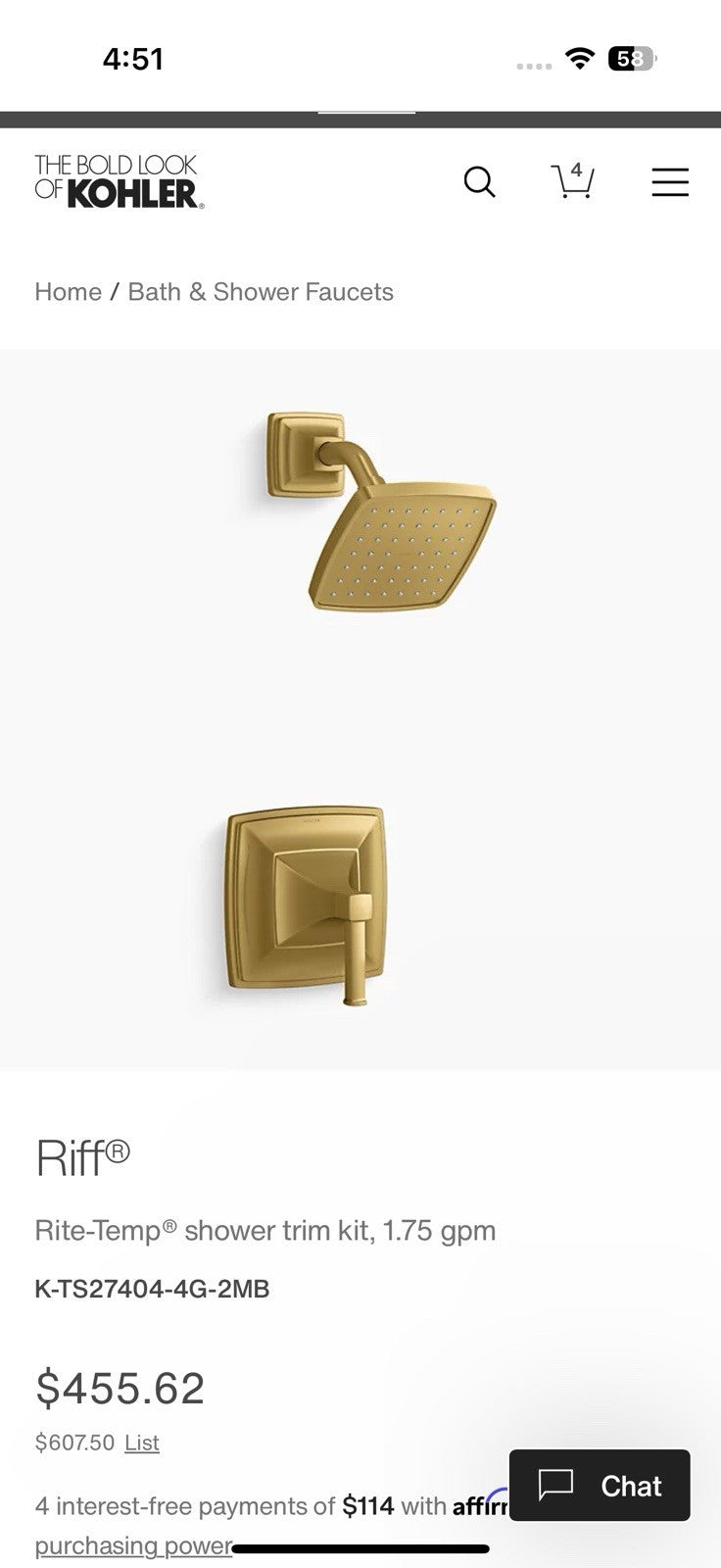 KOHLER Riff Shower Trim Kit TS27404-4G-2MB – Brushed Moderne Brass (Valve Not In