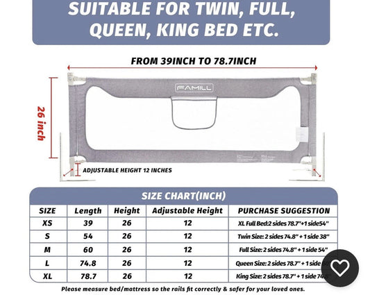 FAMILL 78.7" Toddler Bed Rail Guard w/ U-Shaped Base – Gray Safety Side Rail