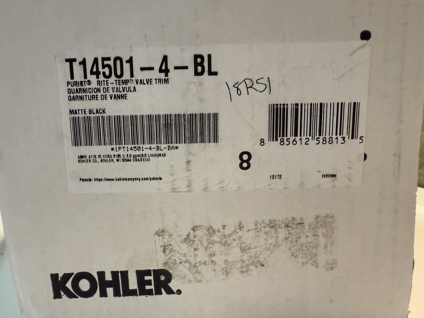 Kohler T14501-4-BL Purist Rite-Temp Valve Trim Matte Black Lever + Diverter
