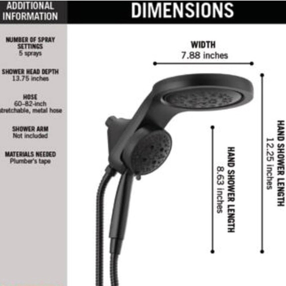 Delta 58680-BL25 HydroRain® Matte Black 2-in-1 Dual Shower Head w/ Handheld – 2.
