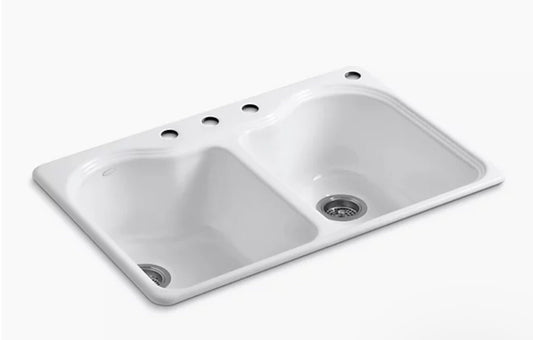 Kohler 5818-4-0 Heartland 33" Double Bowl Drop-In Kitchen Sink White 4-Hole