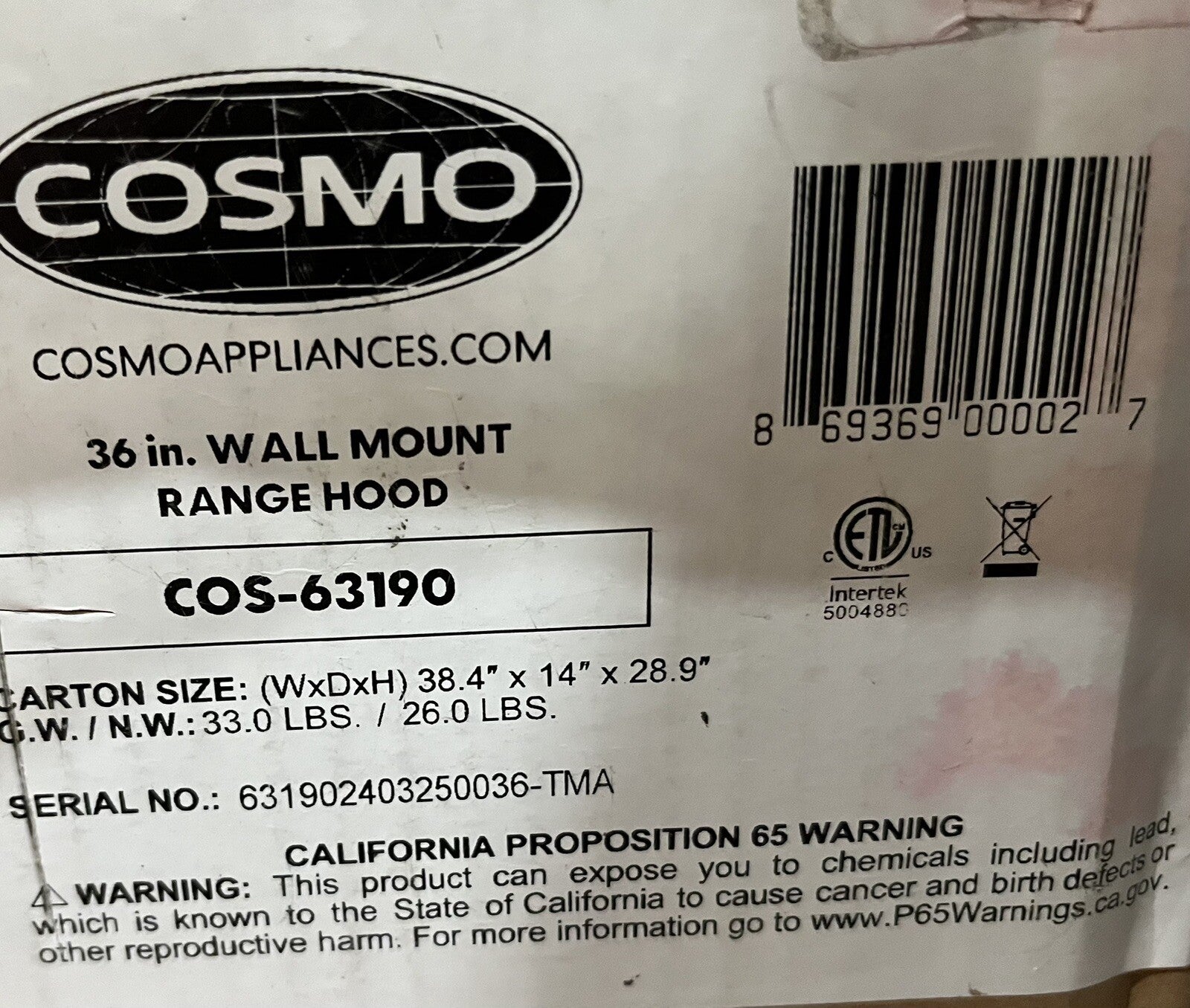 Cosmos 36" Ducted Wall Mount Range Hood w/ Stainless Steel Push Controls