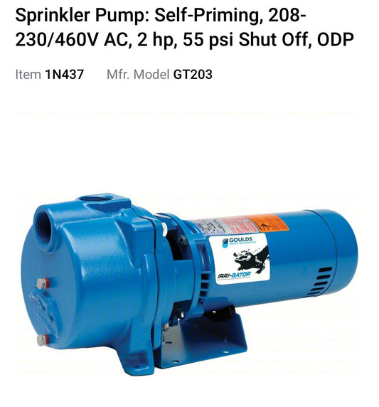 Goulds GT203 2 HP Water Well Irrigation Sprinkler Pump 3PH 230V Self Priming