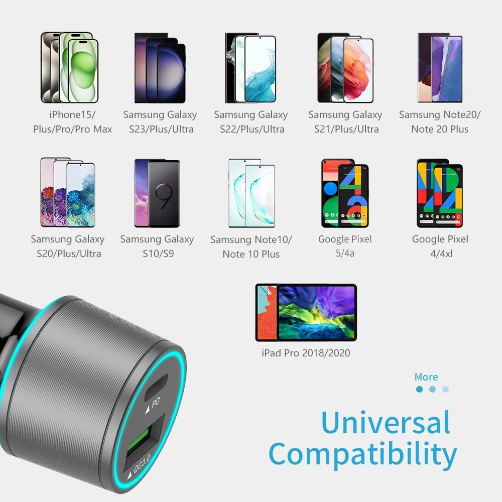 48W Dual USB-C Car Charger with PD & QC3.0 for and all Devices