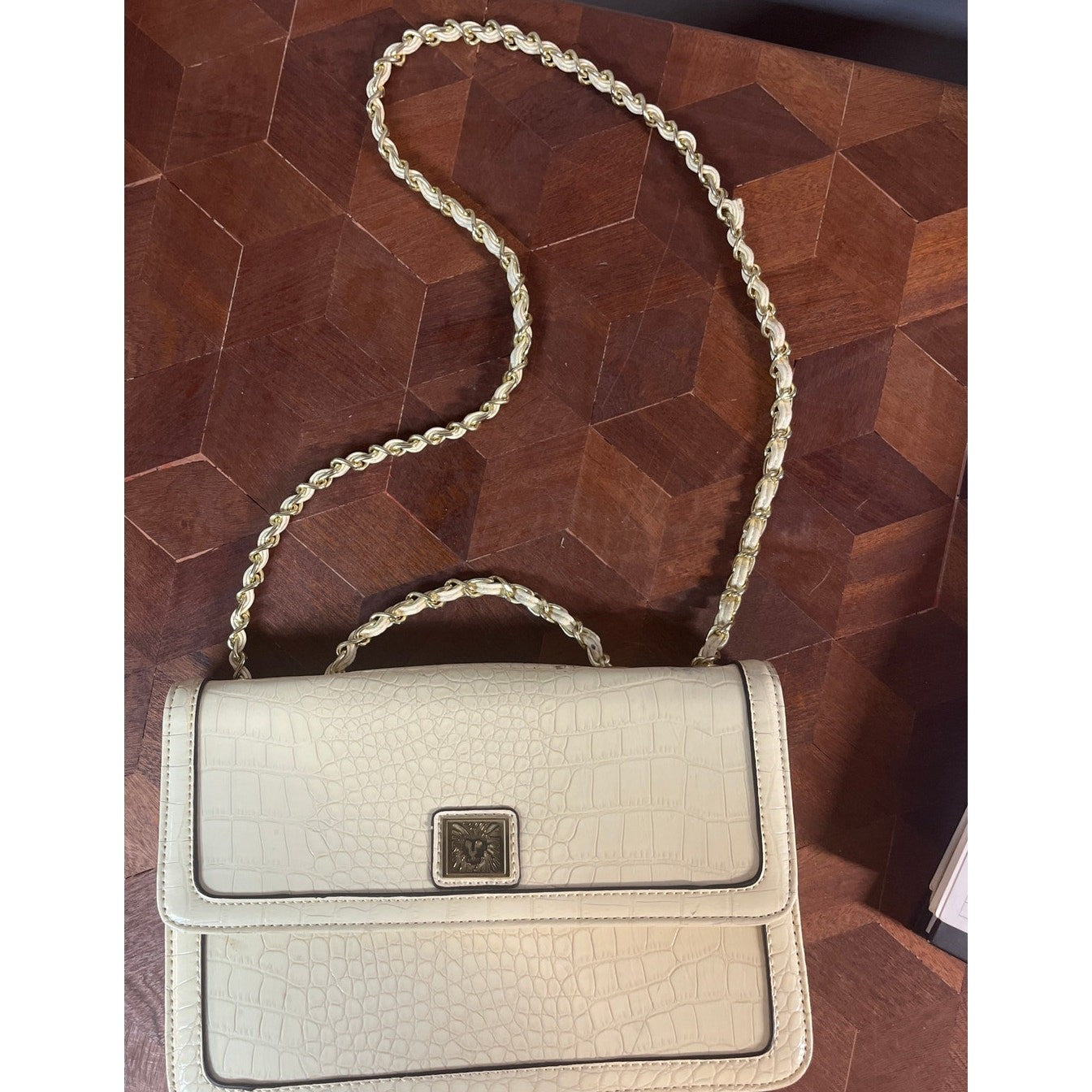 Anne Klein Cream Croc-Embossed Crossbody Purse w/ Gold Chain Strap