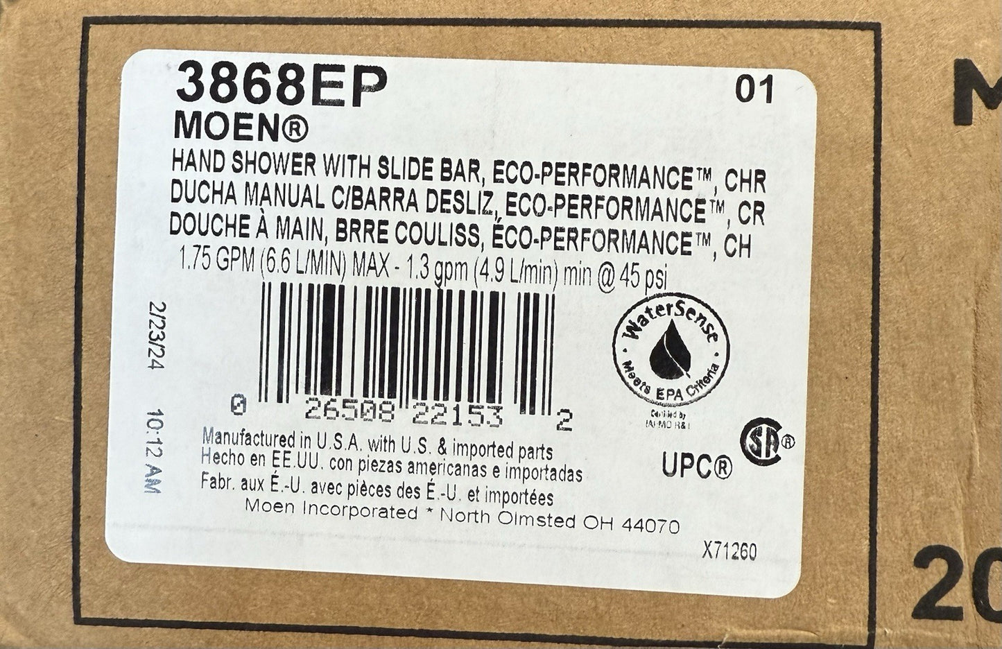 Moen 3868EP Hand Shower Kit Slide Bar & Hose Chrome Eco-Performance 1.75 GPM