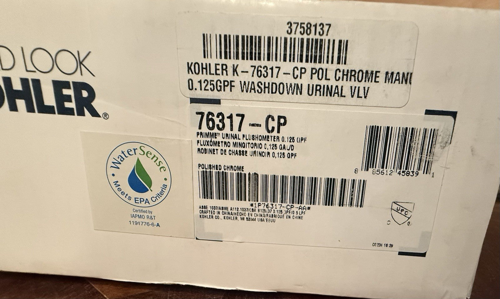 Kohler K-76371-CP Primme Manual Flushometer Valve 0.125 GPF for Urinal, Polished