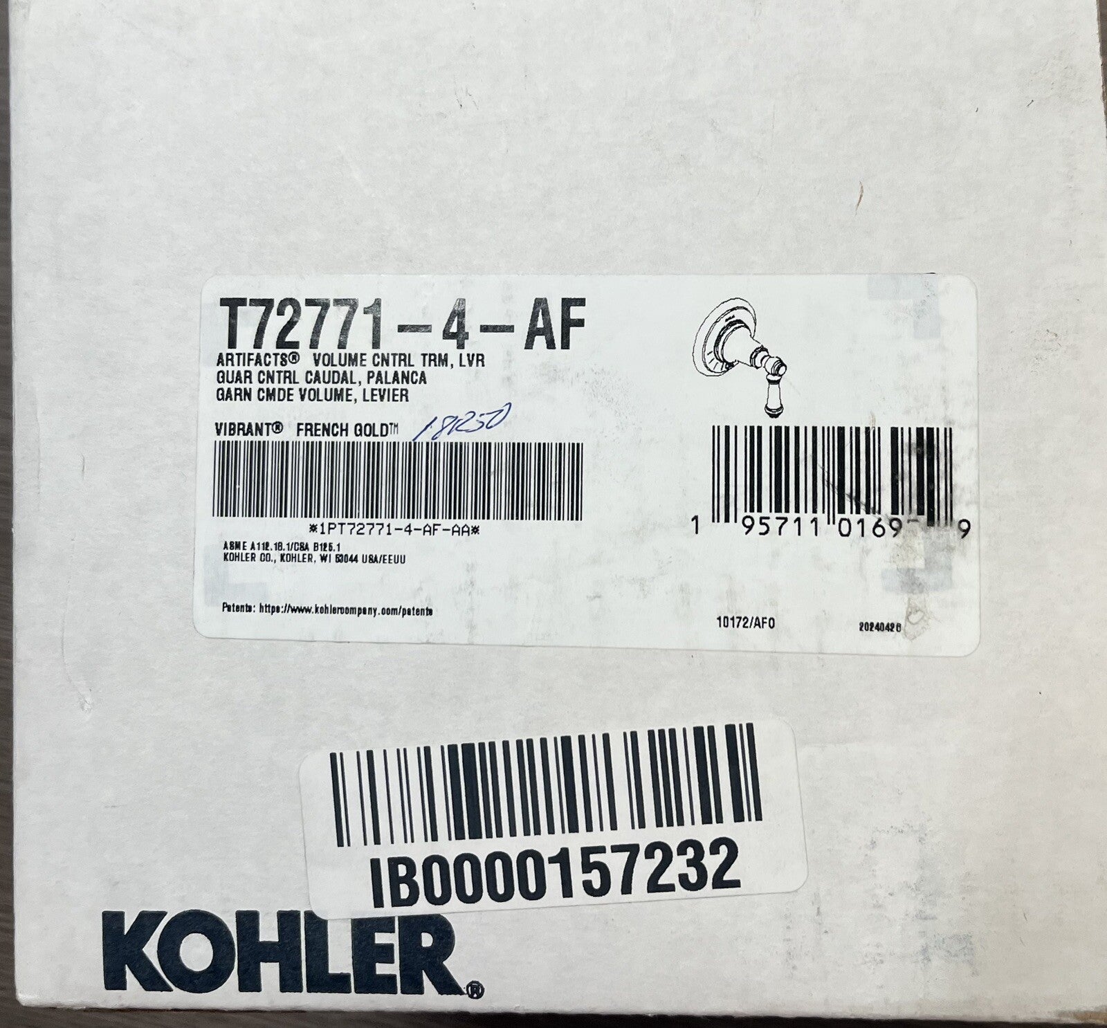 Kohler Artifacts T72771-4-AF Volume Control Valve Trim – Vibrant French Gold