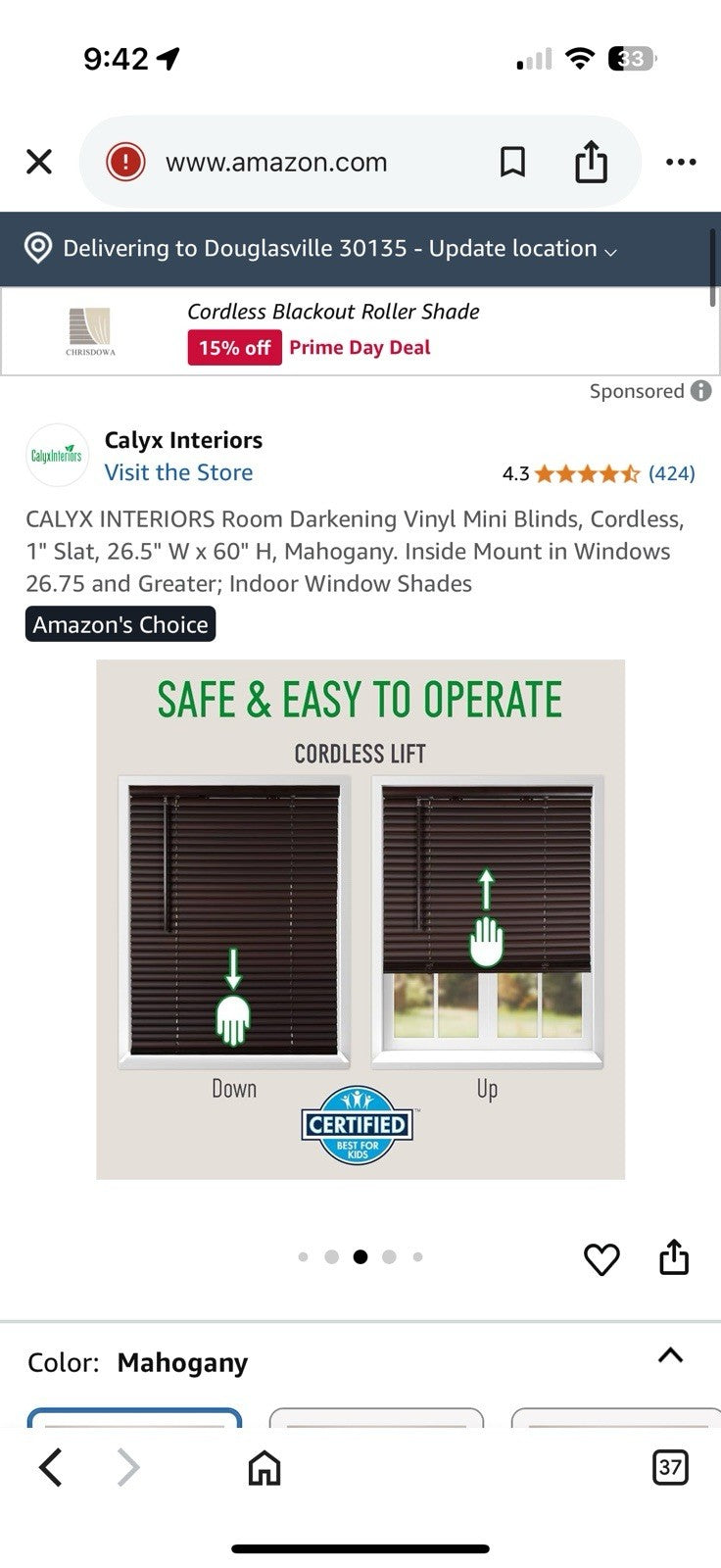 Calyx interiors Mahogany Smart Lift Blinds