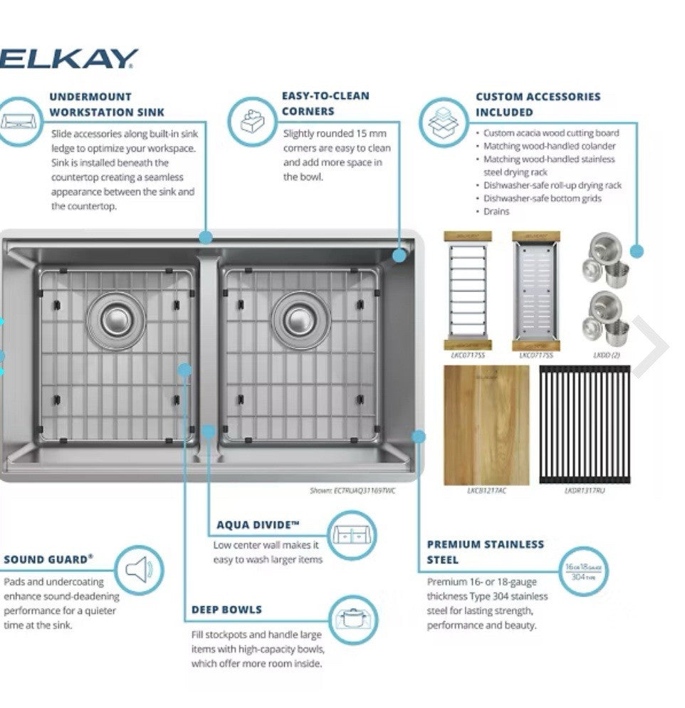 Elkay Crosstown 31.5” Undermount Workstation Double Bowl Stainless Steel Sink