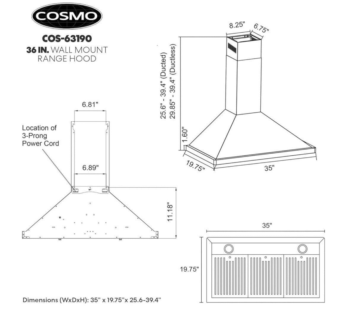 Cosmos 36" Ducted Wall Mount Range Hood w/ Stainless Steel Push Controls