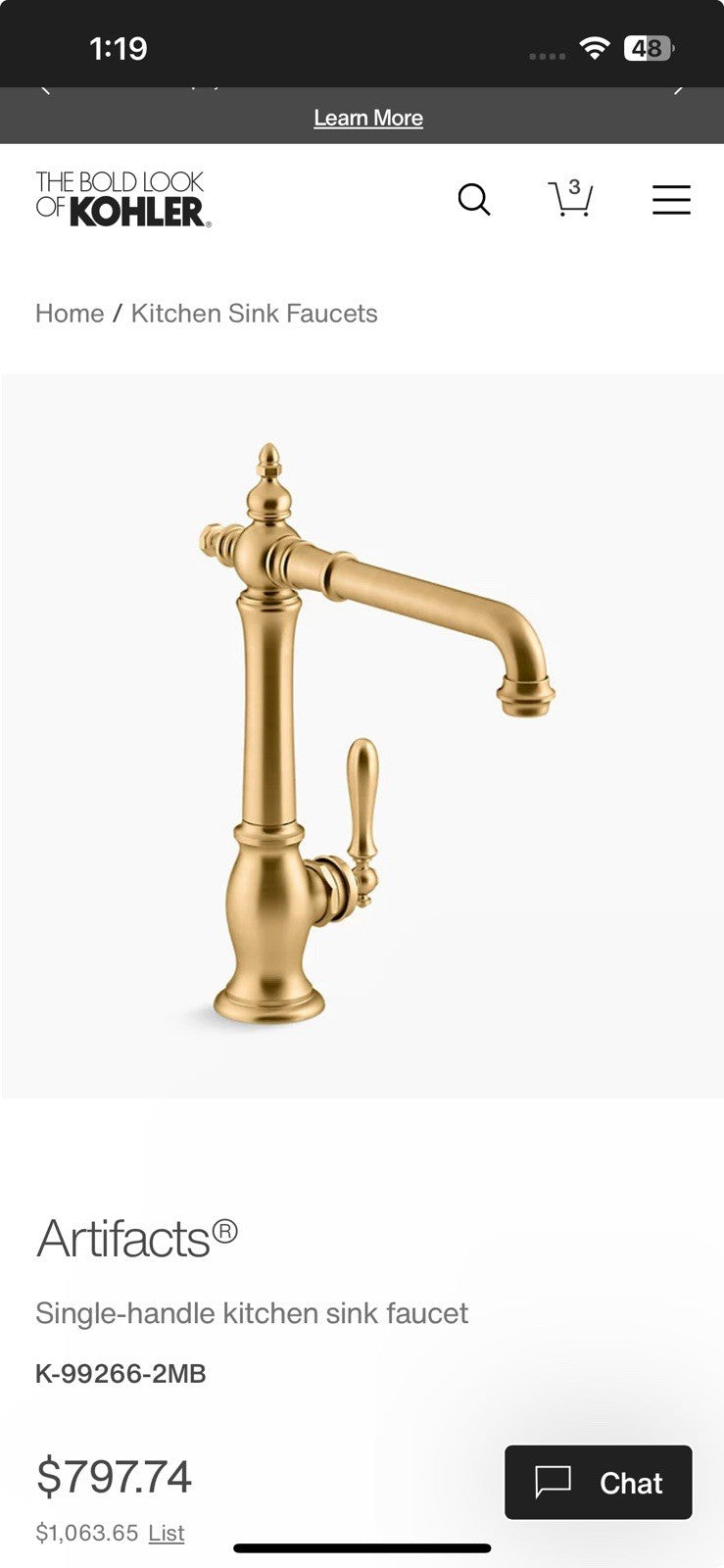 Kohler Artifacts K-99266-2MB Pull-Down Kitchen Sink Faucet 1.5 GPM Brass