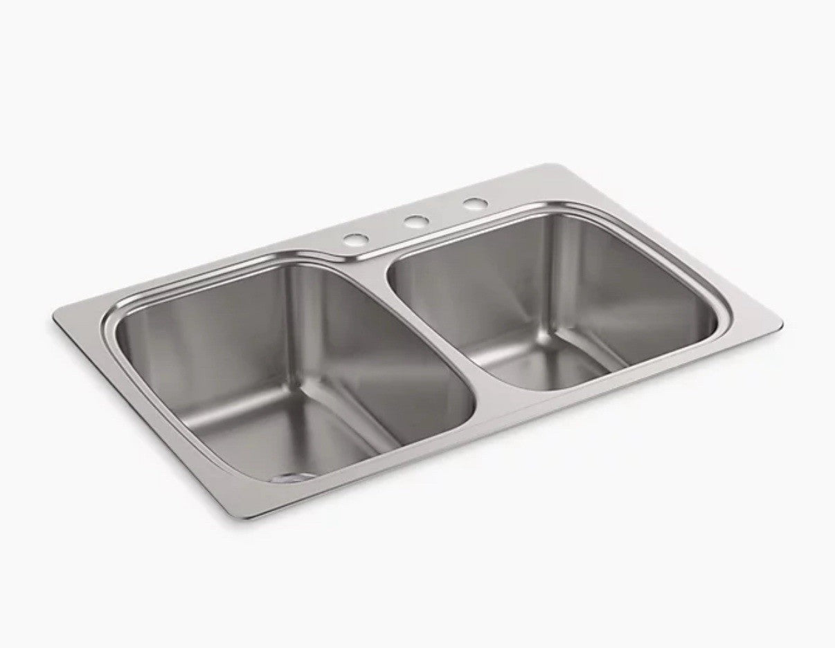 KOHLER 75791-3-NA Verse Double Bowl Kitchen Sink – 33" Stainless Steel 3-Hole 🟩