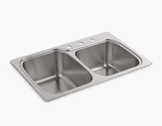 KOHLER 75791-3-NA Verse Double Bowl Kitchen Sink – 33" Stainless Steel 3-Hole 🟩