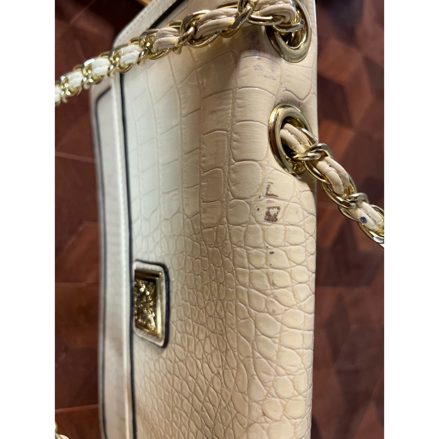 Anne Klein Cream Croc-Embossed Crossbody Purse w/ Gold Chain Strap