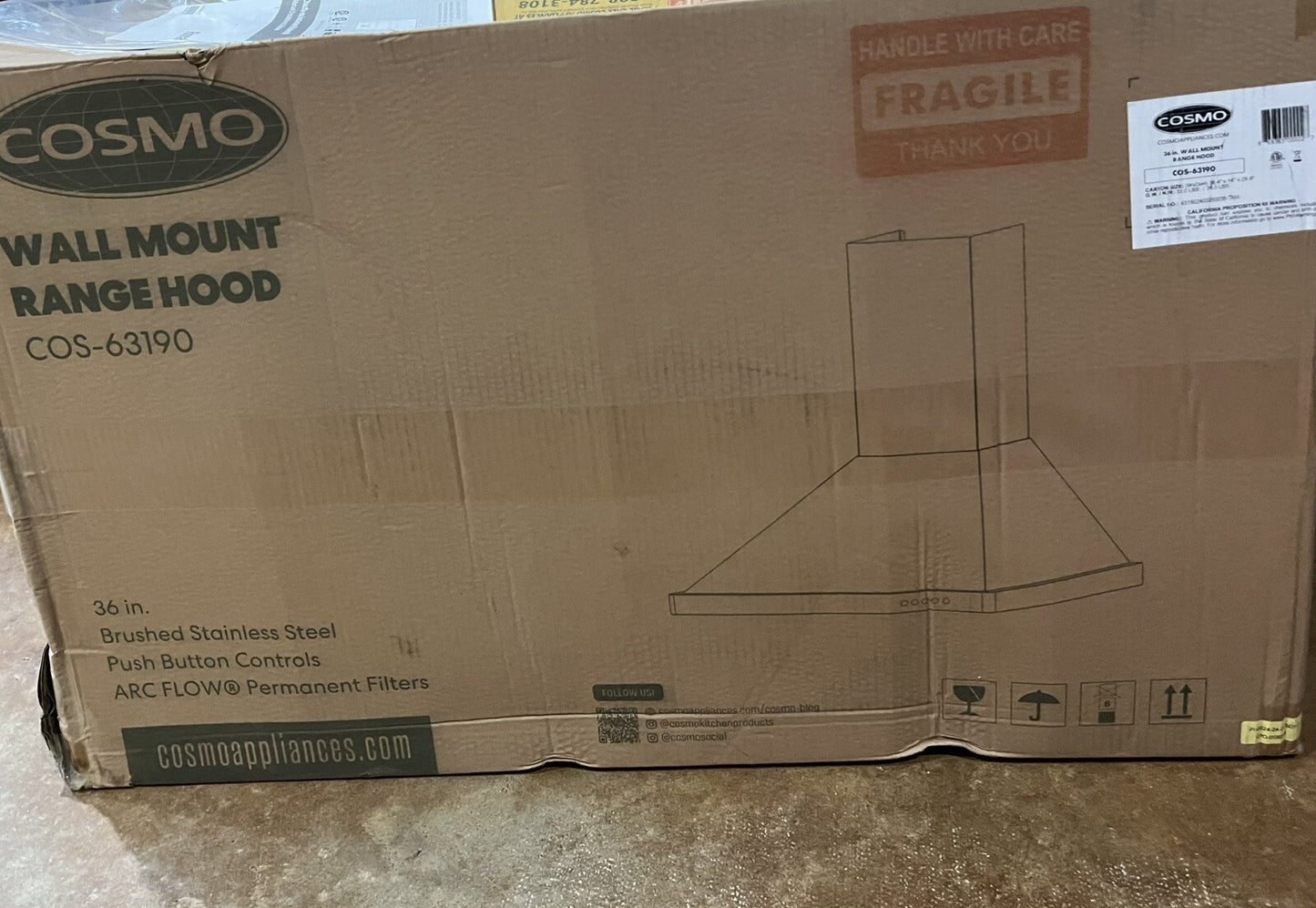 Cosmos 36" Ducted Wall Mount Range Hood w/ Stainless Steel Push Controls