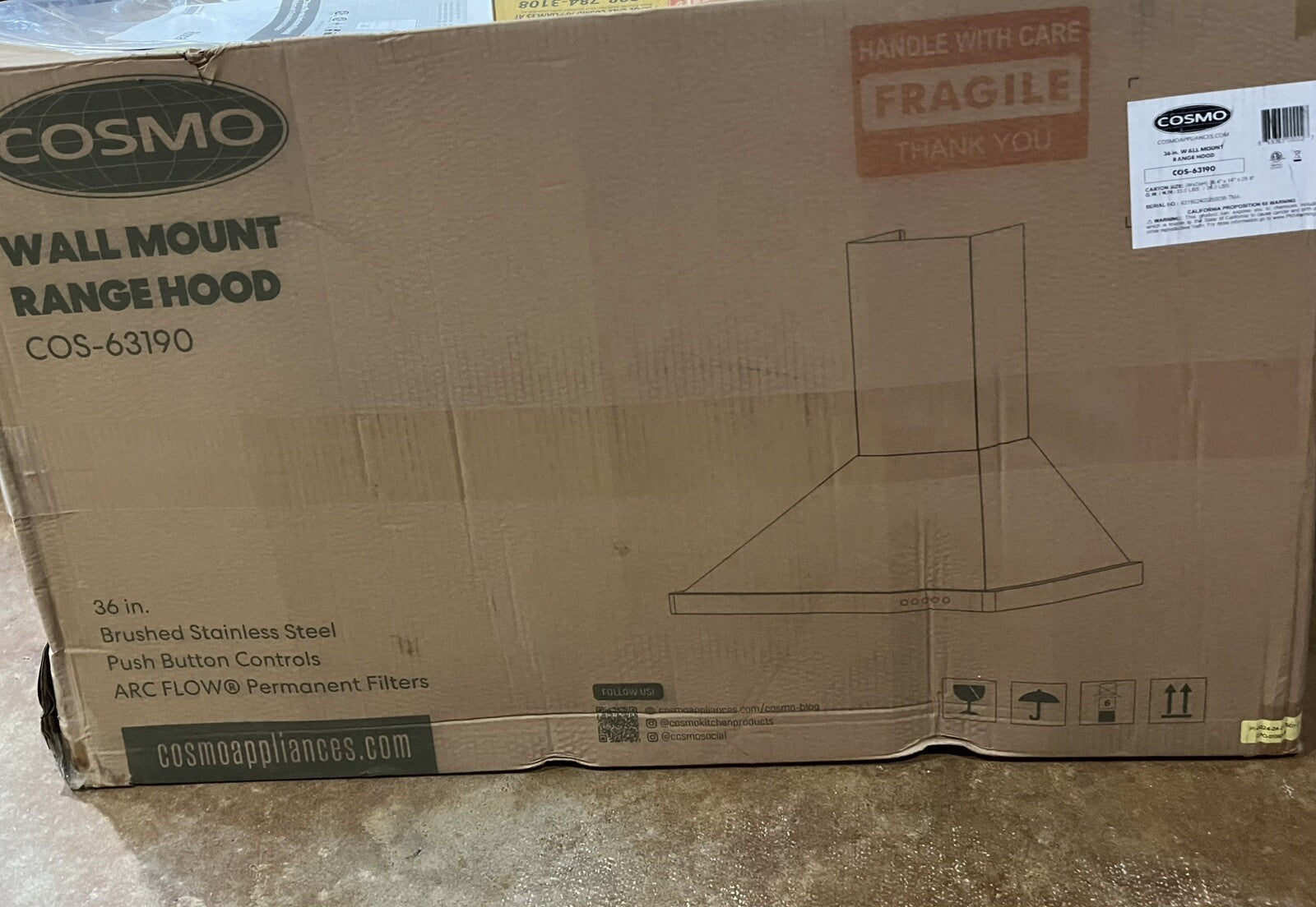Cosmos 36" Ducted Wall Mount Range Hood w/ Stainless Steel Push Controls