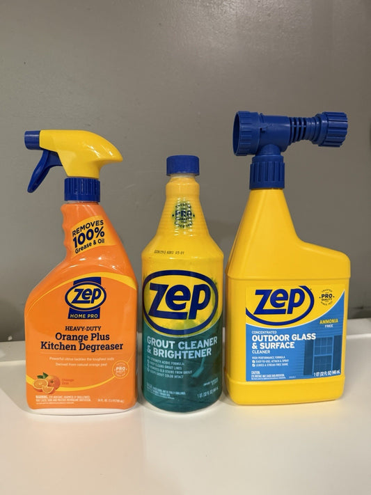 Zep Power Trio – Pro-Strength Cleaning Kit (3-Pack) Degreaser, Grout & Glass