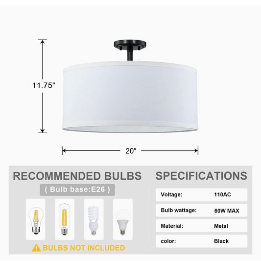 Doraimi Semi Flush Mount Ceiling Light with  20" Fabric Drum Shade