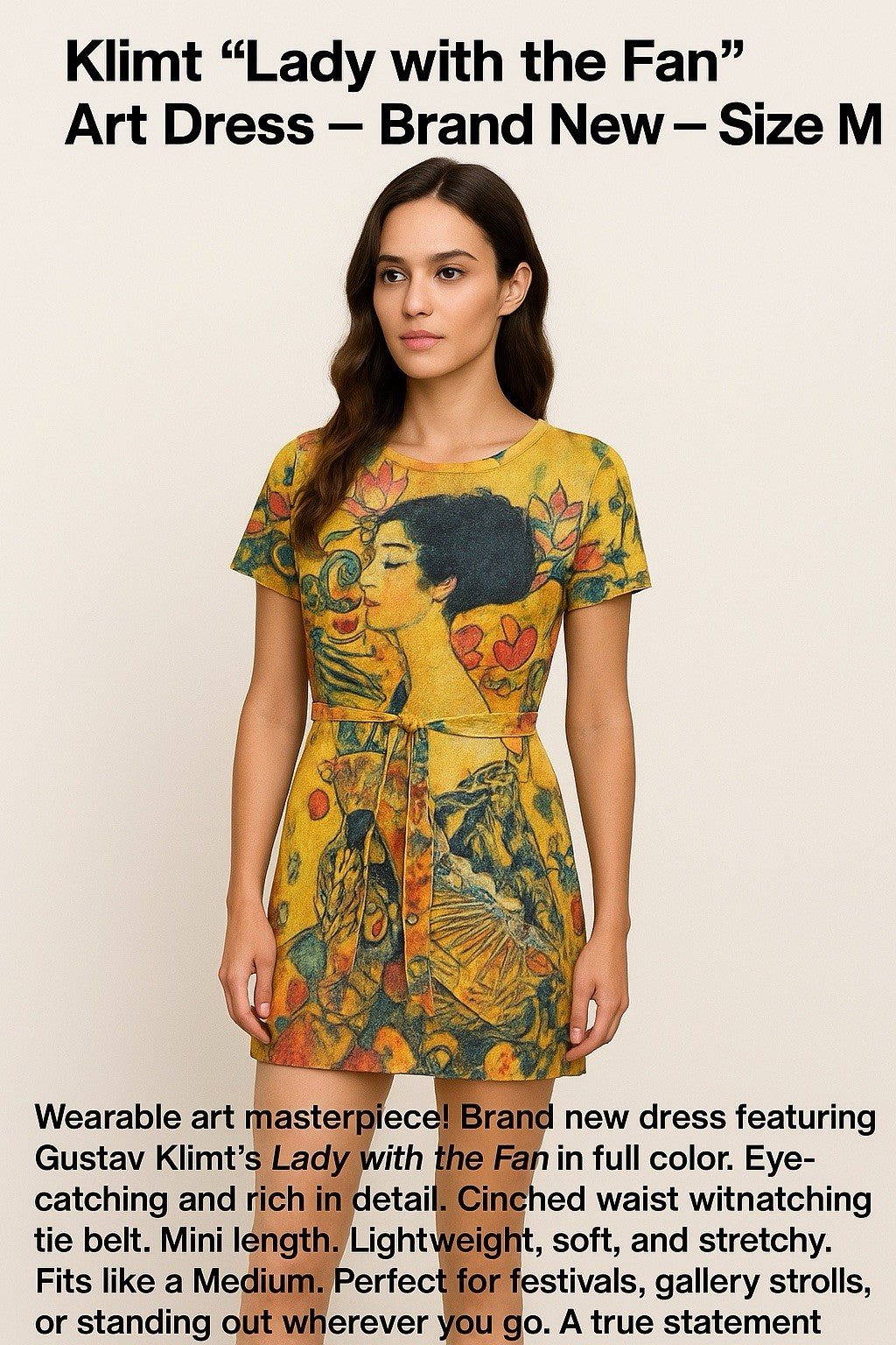 Gustav Klimt “The Kiss” T-Shirt Dress Women’s Size M Art Graphic Gold Prin