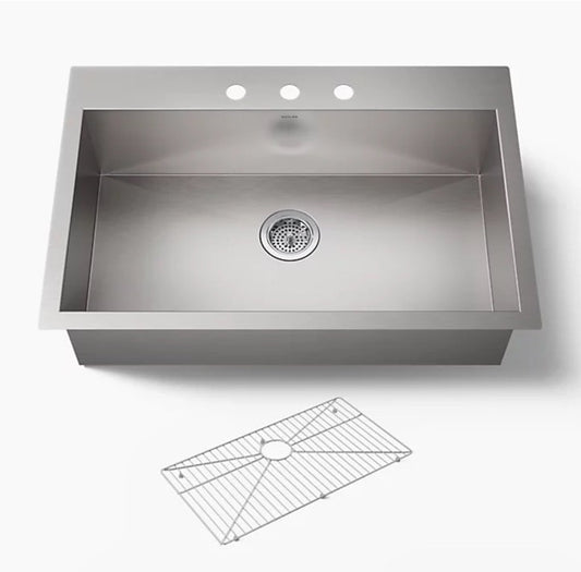 Kohler 3821-3-NA Vault SS Kitchen Sink | Single Bowl, 3-Hole, Dual Mount